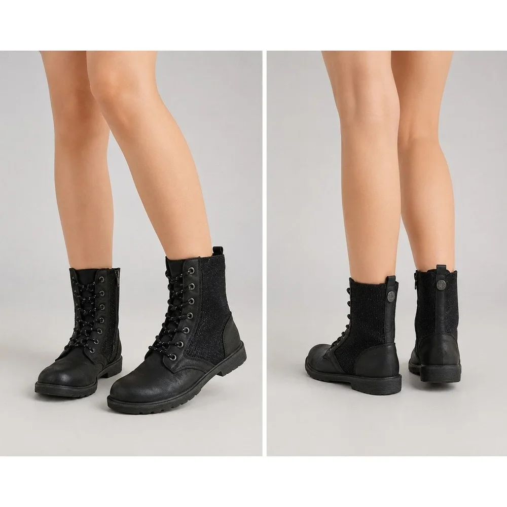 Blowfish Girls Black Glitter Combat Boots Sz 3 Lace-Up Lug Sole‎ Side Zip Cute